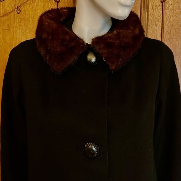 50s Coat Black Vintage Wool Fur Collar Fully Lined Size L - Picture 3 of 11